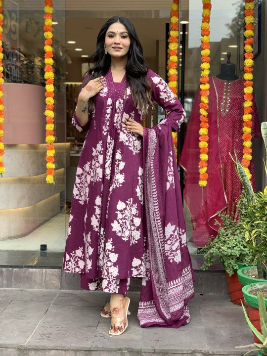 Women’s Printed Cotton Anarkali Kurta Set with Palazzo and Dupatta