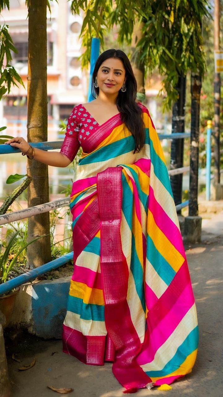 Women’s Multicolor Cotton Silk Saree with Contrast Blouse Piece