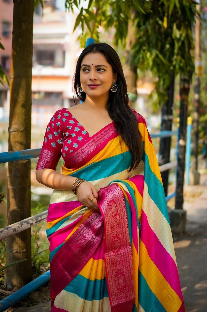 Women’s Multicolor Cotton Silk Saree with Contrast Blouse Piece