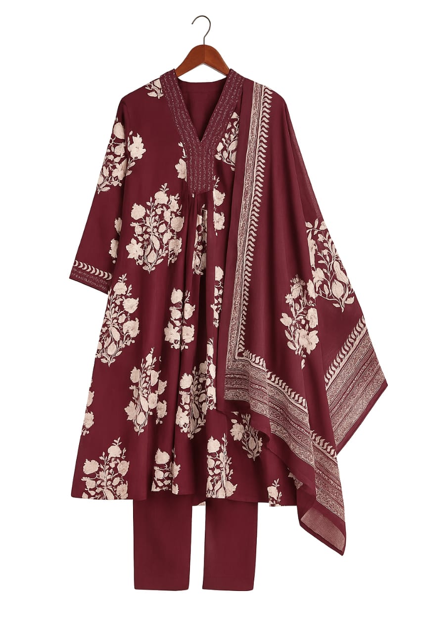Women’s Printed Cotton Anarkali Kurta Set with Palazzo and Dupatta