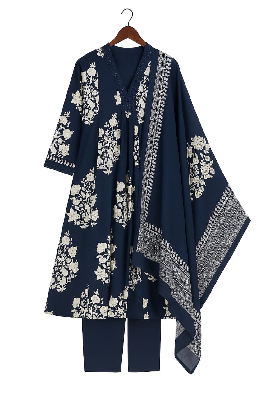 Women’s Printed Cotton Anarkali Kurta Set with Palazzo and Dupatta